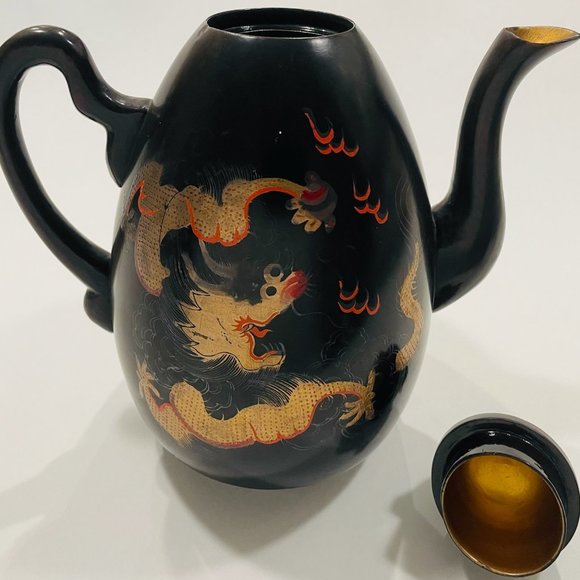 Shin Shao An Saeukee Foochow China Gold Dragon Ware Black Lacquer Teapot - Picture 11 of 12